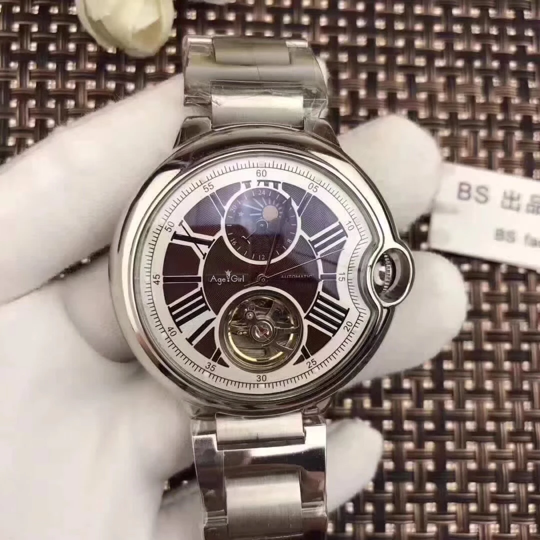 Silver Coffee Роскошные брендовые новые автоматические мужские механические часы синий черный кожаный розовое золото прозрачный MoonPhase часы Tourbillion Белый AAA - Цвет: Silver Coffee