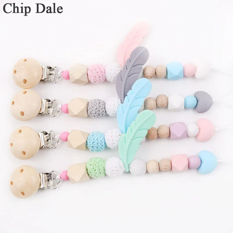 

Chip Dale Silicone Baby Pacifier Clips Chain for Infant Pacifier Holder Feather Pendant Teething Chew Toy Dummy Clip