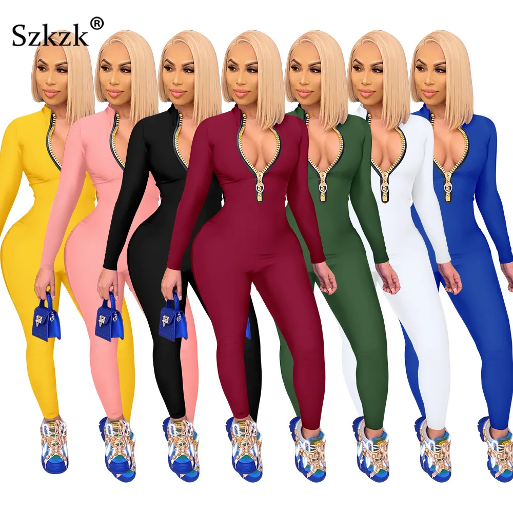 

Szkzk Bodycon Jumpsuit Zipper Long Sleeve for Women Sexy Outfits Jumpsuits For Woman Night Club 2021 Autumn Rompers Jumpsuits