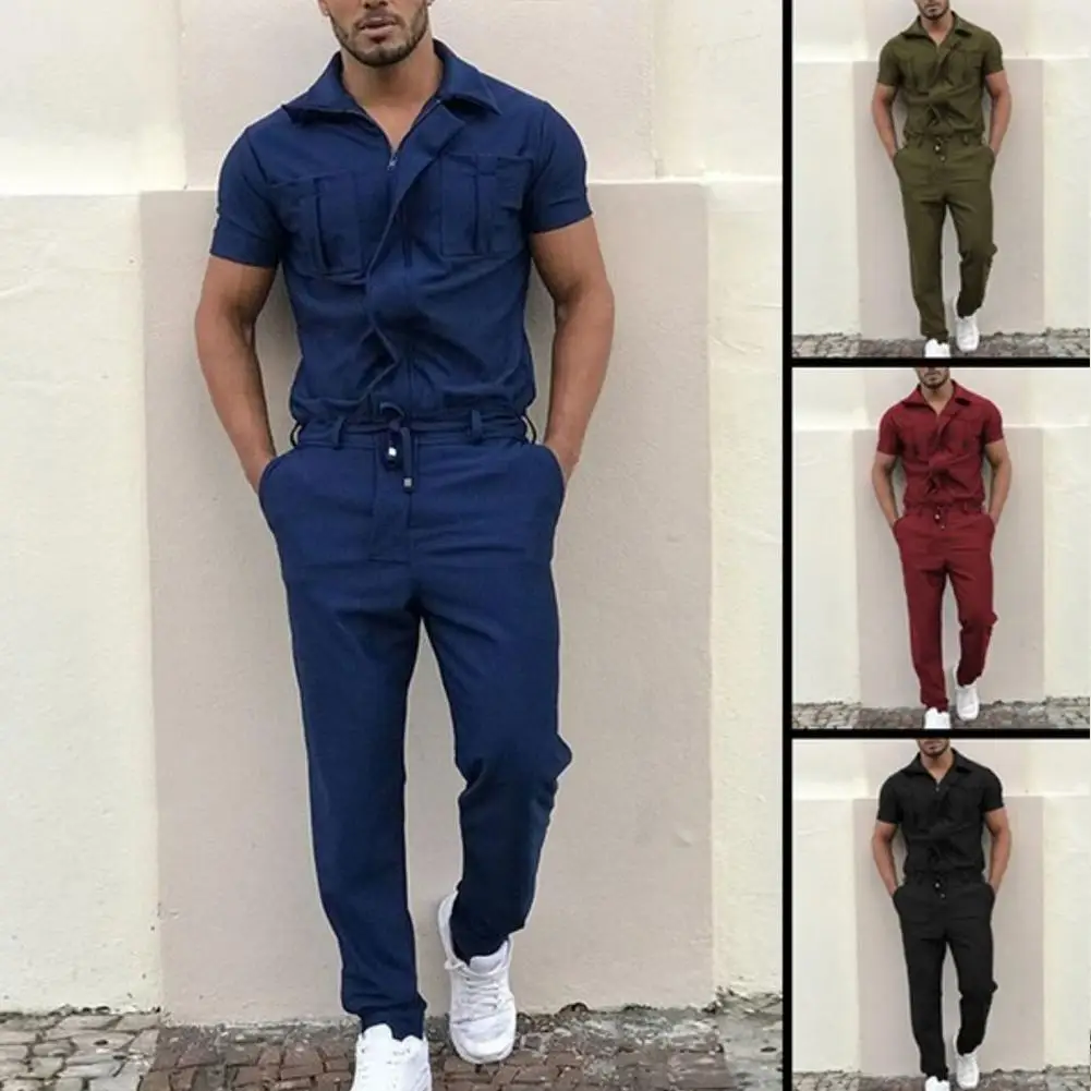 

MISSKY Men Sets Solid Color Short Sleeve Jumpsuits Slim Woven Cotton Blend Trousers with Zipper For Male Summer
