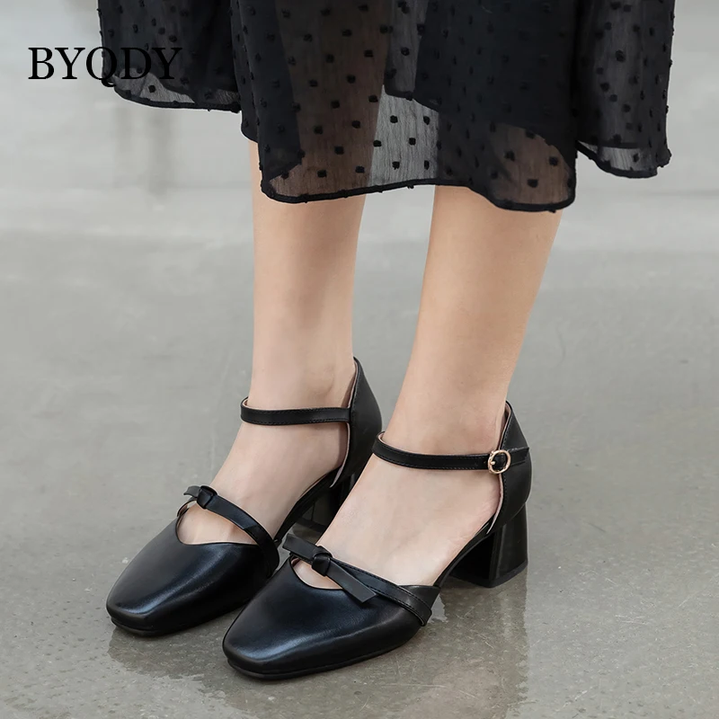 

BYQDY Japan Anime Women Lolita Shoes School Students Girl Uniform Shoes Buckle Square Heels Mary Janes Med Heel Cosplay Shoes