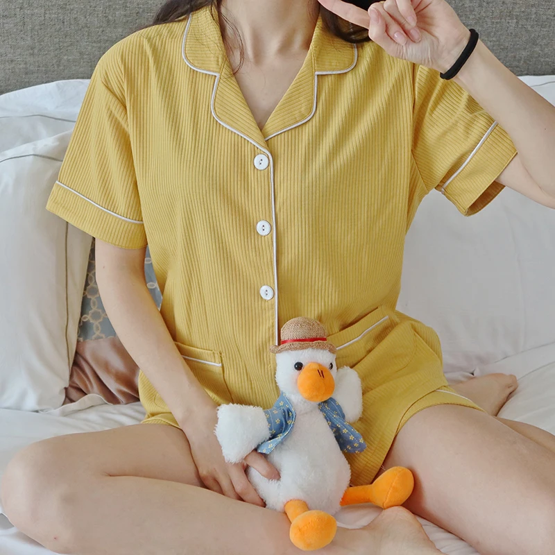 CAIYIER Cotton Pajama Set Women Summer Short Sleeve Shorts Casual Solid Contracted Girl Turn-down Collar Sleepwear Homewear