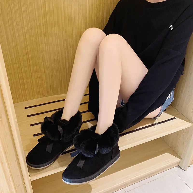 2019 г. новые модные зимние сапоги с помпонами и бантиком женские короткие