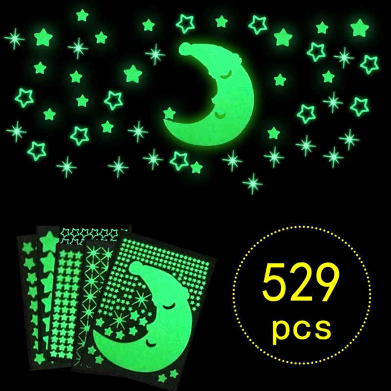 

Glowing in the Dark Night Stars Wall Stickers,Beautiful Wall Decals , 529pcs/set Adhesive Stars Moon Home Decor for Kids H051
