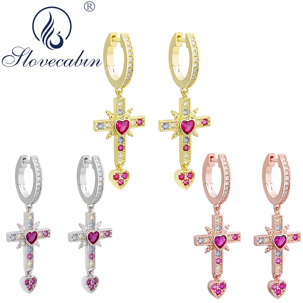 

Slovecabin Real 100% 925 Sterling Silver Crystal Cross Dangle Drop Earrings For Women Gift Romantic Love Heart Arete Hot Jewelry
