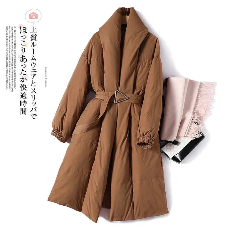 

Куртка SHUCHAN Женская длинная на 90% белом утином пуху, с поясом, 200-250 г