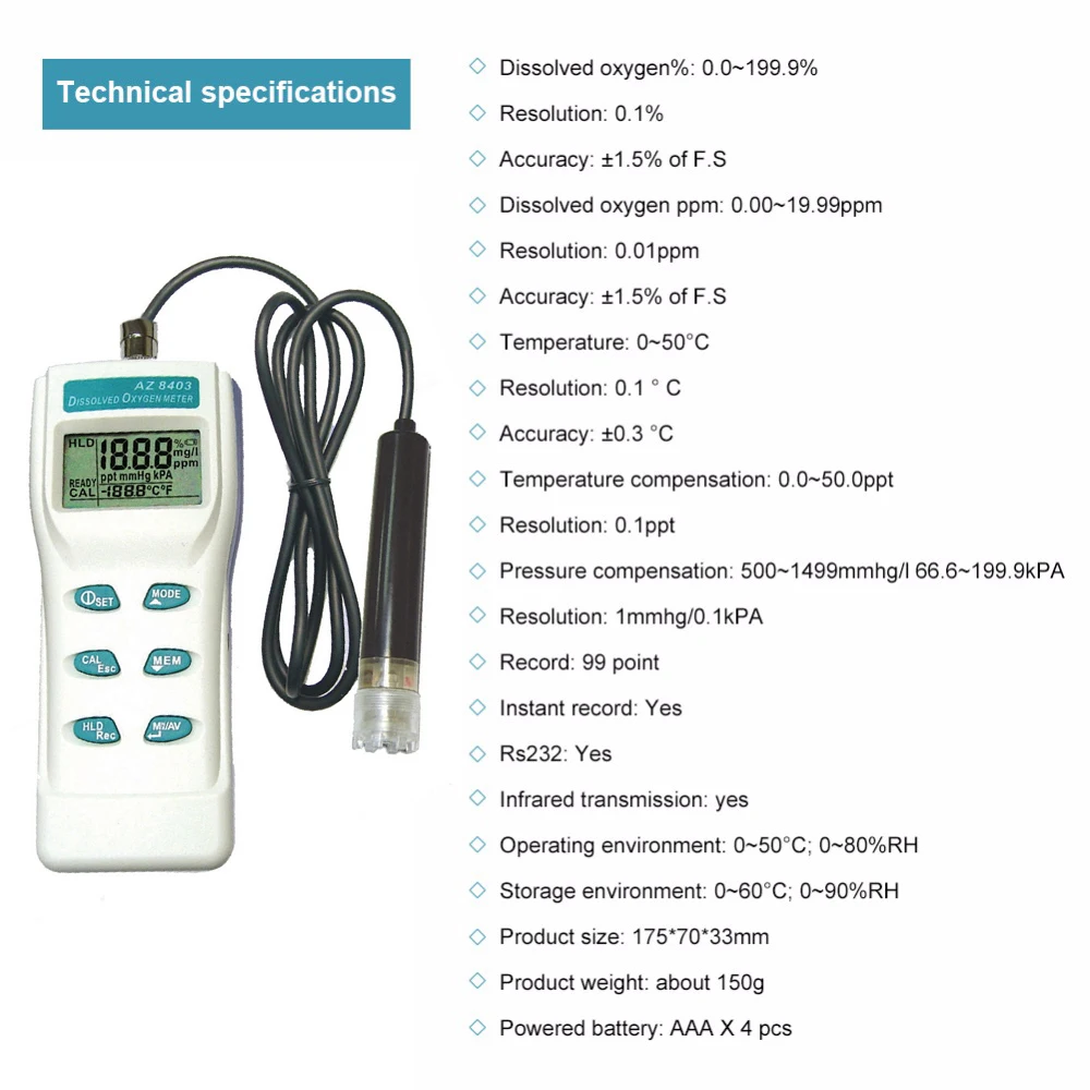 AZ8403 анализатор растворенного кислорода измеритель DO тестер Ручной цифровой ЖК