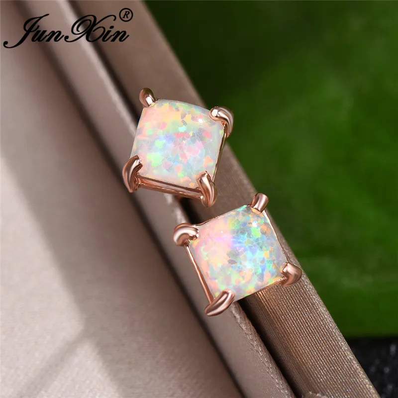 Винтажные женские серьги с белым огненным опалом розовое золото квадратные