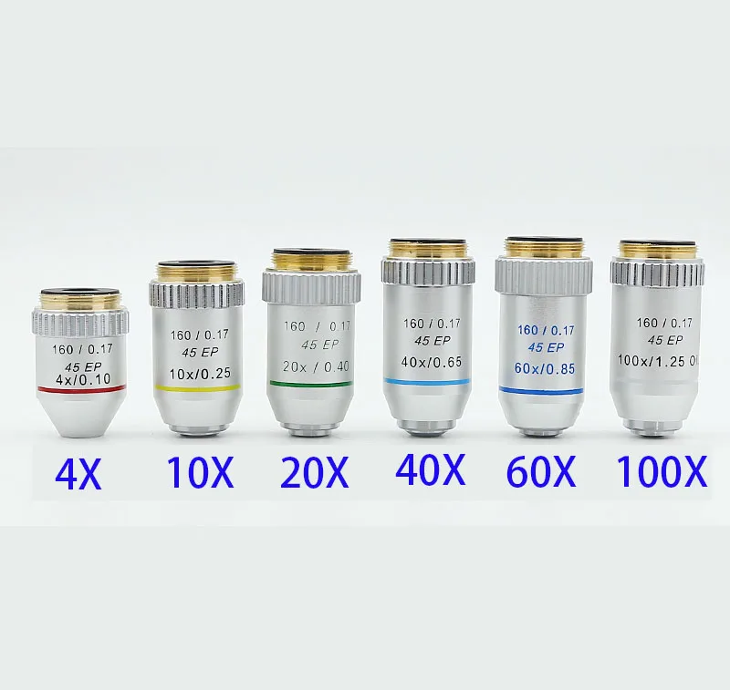 195 45EP Semi Plan Achromatic Objective Lens 4X 10X 20X 40X 60X 100X  160/0.17 for Biological Microscope