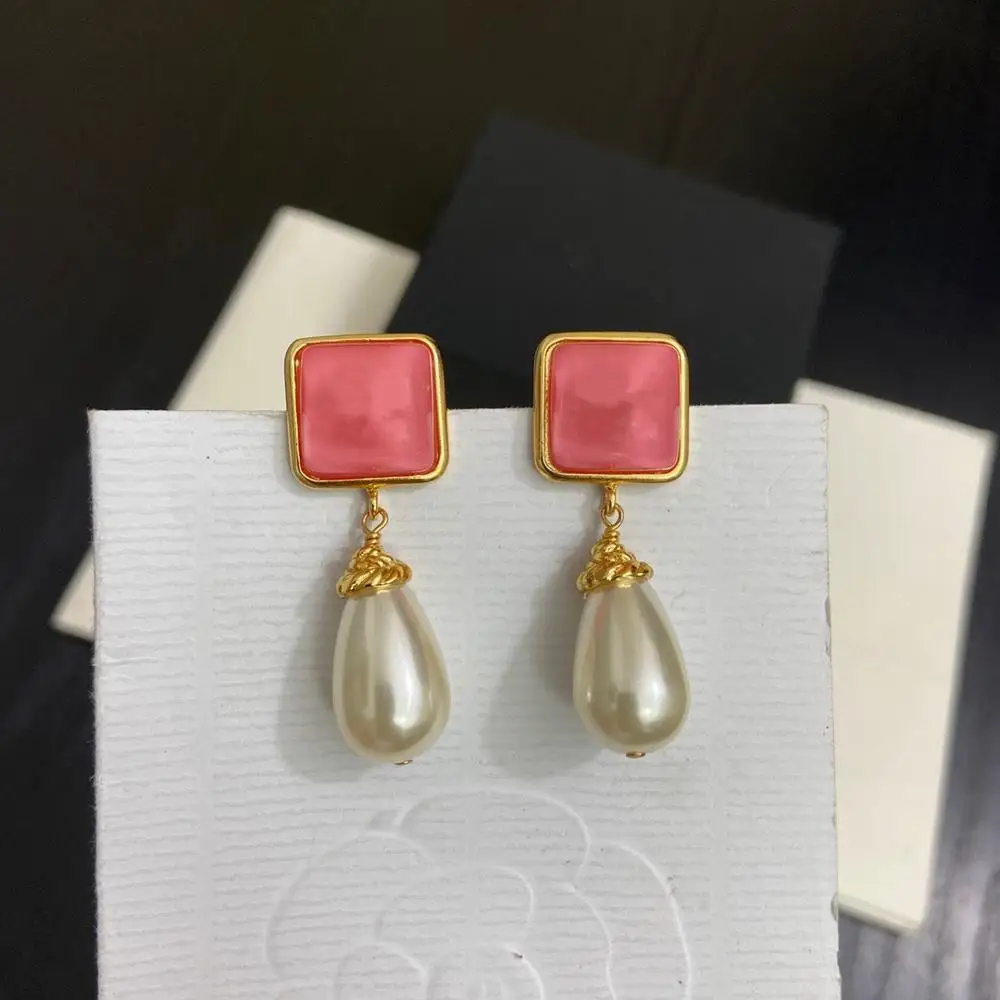 

Hot Brand Yellow Gold Color Fashion Jewelery Woman Earrings Pink Party High Quality Water Drop Pearls Studing Jewelry