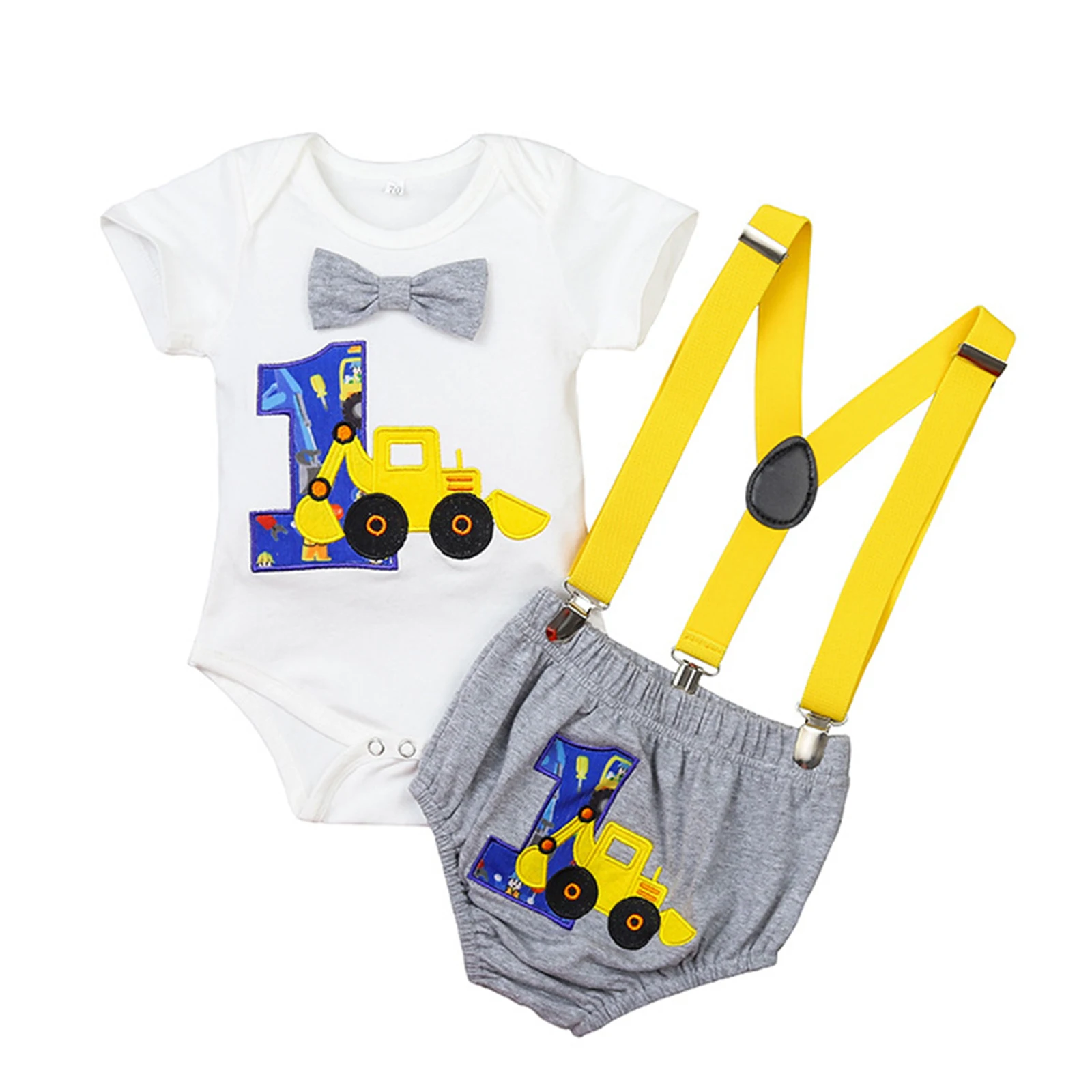 

2021 New Summer 3-18M Baby Boy 2Pcs Set Excavator 1 Patchwork Gentleman Bowknot Short Sleeve Bodysuit+Suspender Shorts Clothes