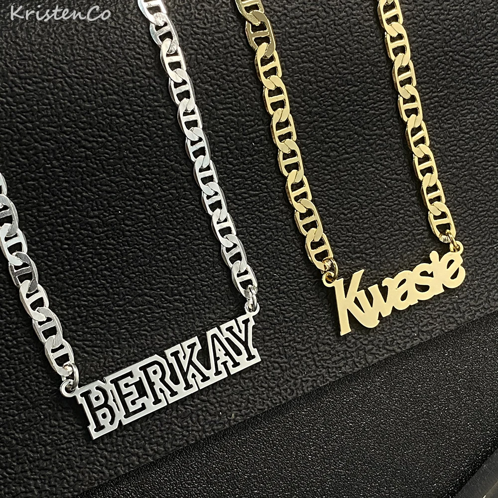 KristenCo – collier avec nom personnalisé, pendentif, chaîne plate, couleur or, plaque nominative, colliers pour femmes/hommes, cadeaux