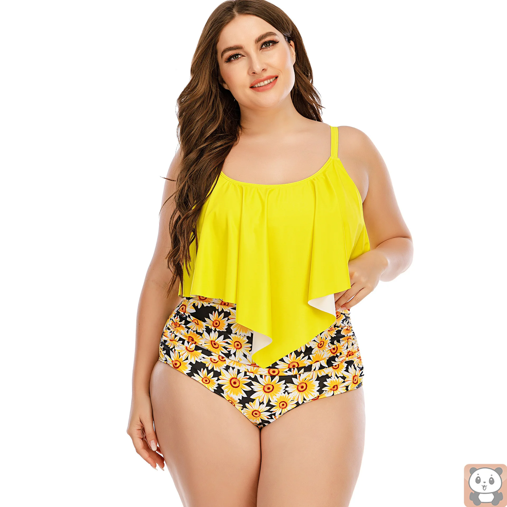 

Swimming Fresh Women's European and American Large Size Swimsuit High Waist Print Bikini Split