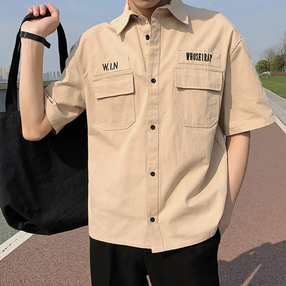 

Fashion Mens Short Sleeve Shirt Short Sleeve Tooling Shirt Turn-Down Collar Summer Men Loose Casual Top Workwear For Male Shirts