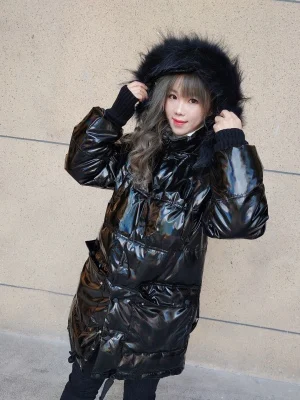shiny black Водонепроницаемое глянцевое меховое хлопковое пальто с капюшоном, женские зимние теплые пуховики, большой размер, свободная верхняя одежда, Женская парка, ветрозащитная куртка - Цвет: shiny black