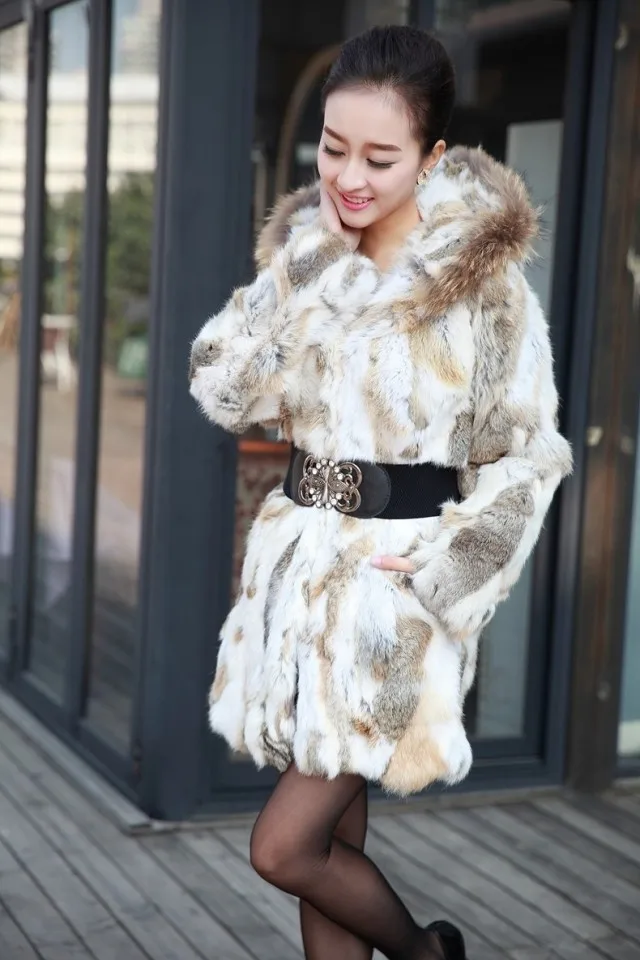 New  women's Real genuine natural rabbit fur coat with raccoon fur hood fashion fur jacket outwear custom any size