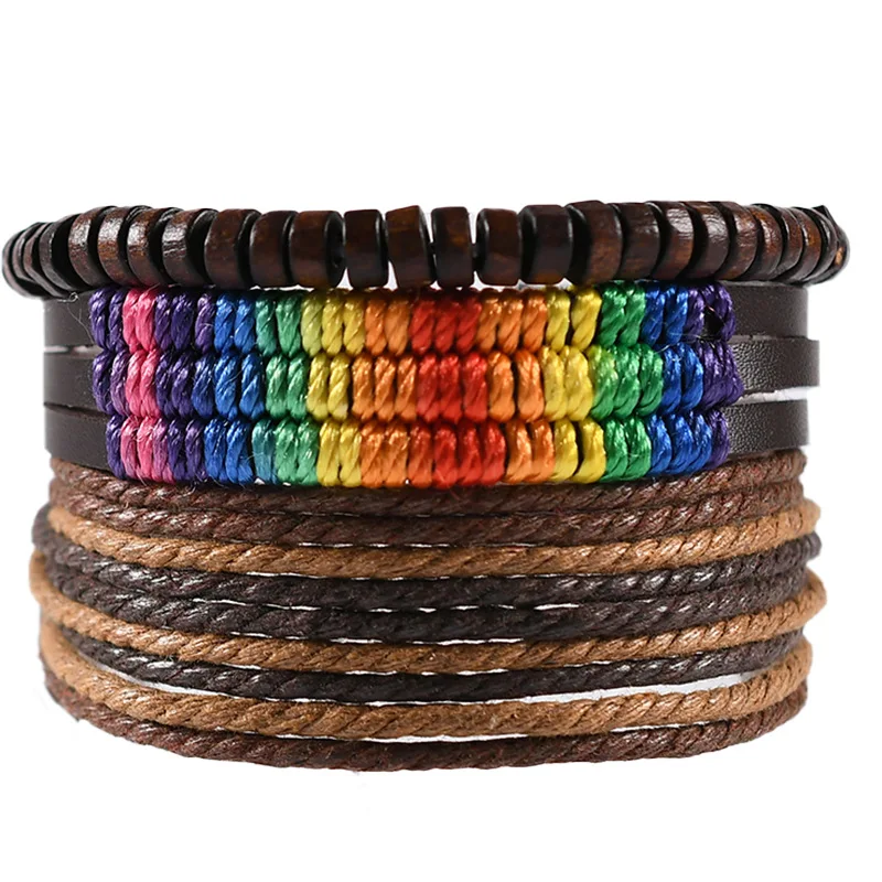 

Adjustable Leather Bracelet Set Men Women Casual Jewelry Rainbow Love Charm Wristband Punk Holiday Party Tribal Vintage Bangles