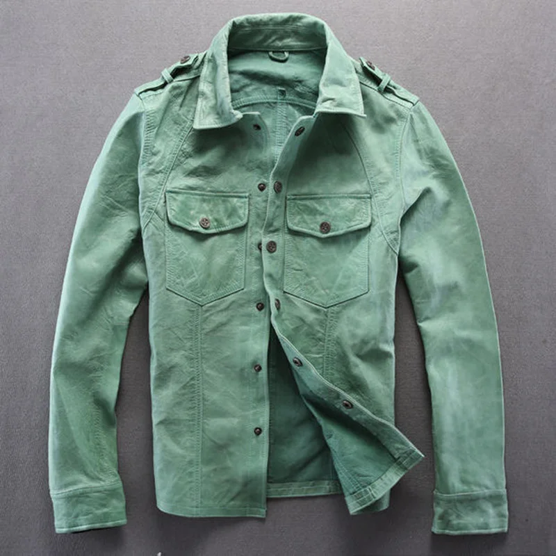 

fit Slim leather shirt men real goatskin Green/ white genuine leather jacket men thin leather wind jacket men's skin shirt