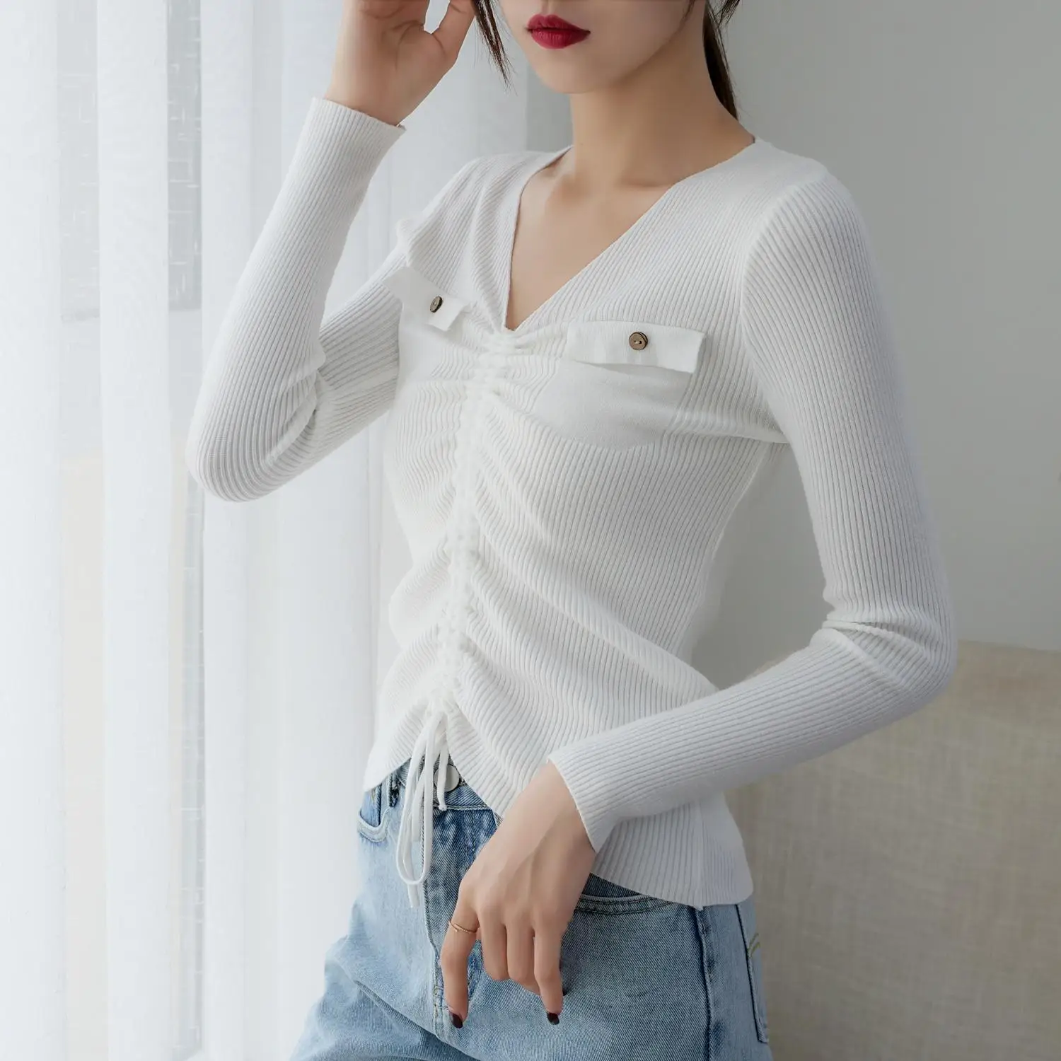 ladies sweater women autumn winter tops clothes trui dames 2019 knitted pullover knitwear draw string bow sweaters female F0933 | Женская