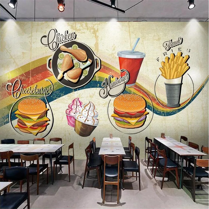 

Ретро роспись ручной работы с бургерами жареная курица мороженое настенная бумага 3D для фаст-фуда Ресторан закуска бар промышленный Декор ...