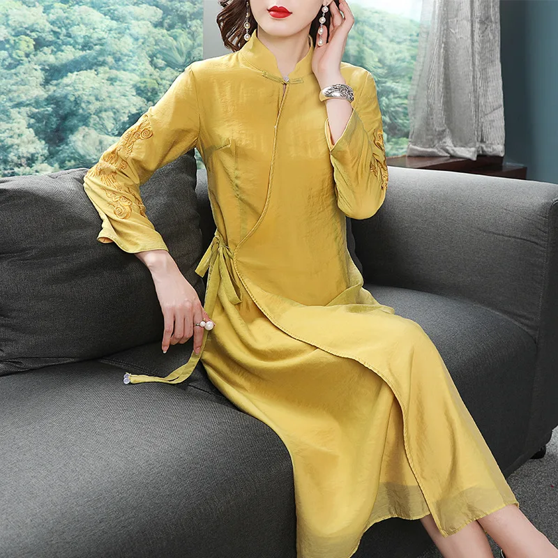 Новинка осени 2019 кружевное платье из тенсела с воротником стойкой|Женские