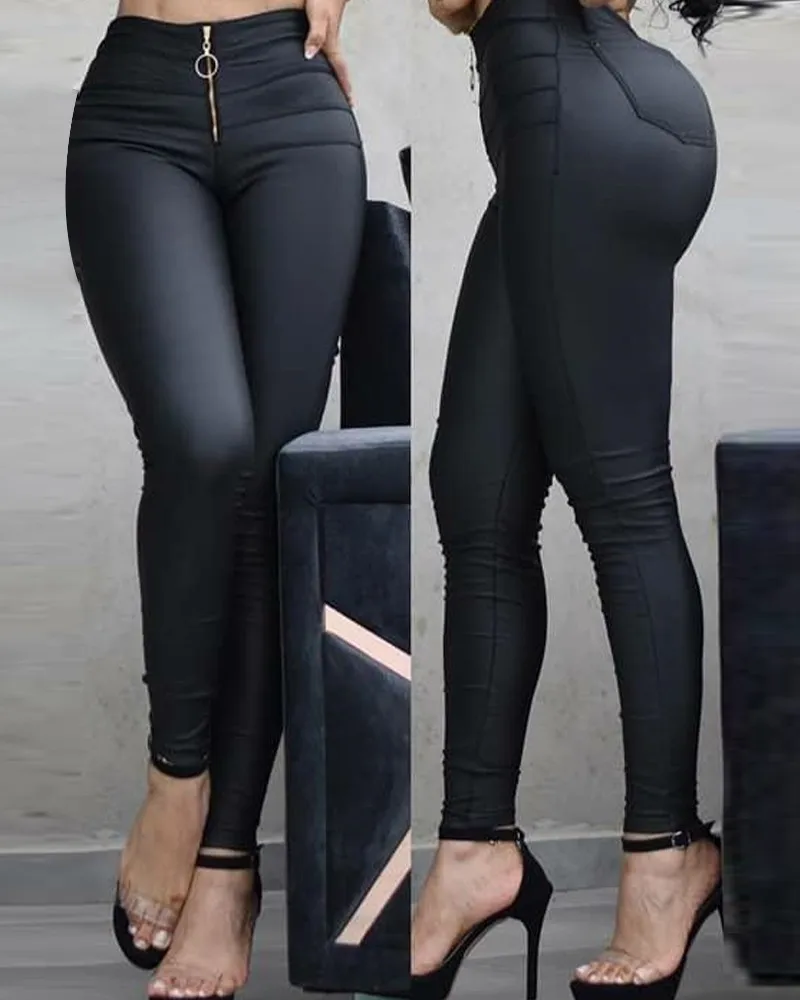 

2021 new fashion trend PU leather zipper TIGHTS ADULT high waist elastic Street women's hip pants