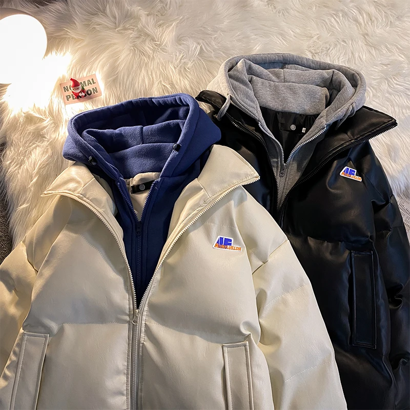Fake Two-Piece Cotton-Padded Coat Men's Winter Korean Style Loose PU Leather All-Matching Hooded Cotton-Padded Coat Hong Kong