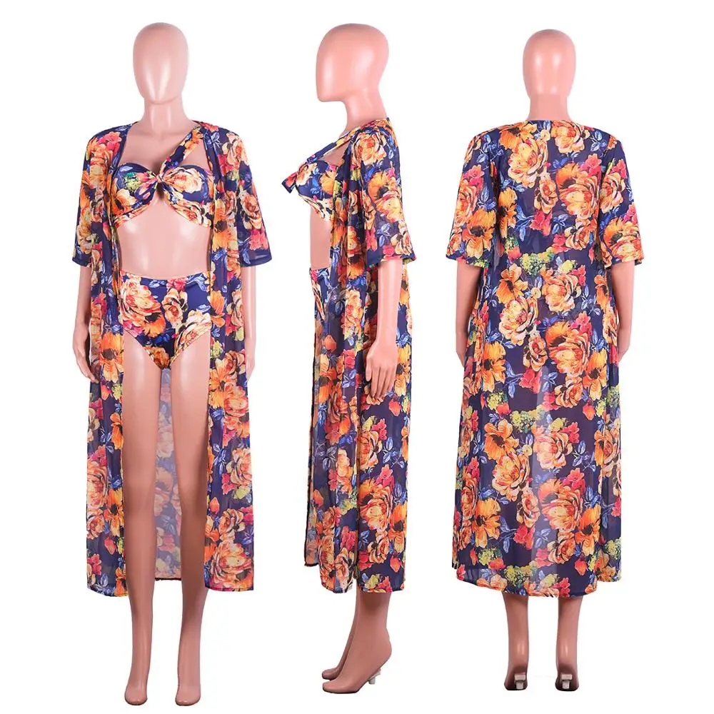 

Fashion Vintage Print Swimwear 3 Piece Set Sexy Beach Flower Cape Bikini Swim Suits Two Piece Set Beach Coat Plus Size 2XL
