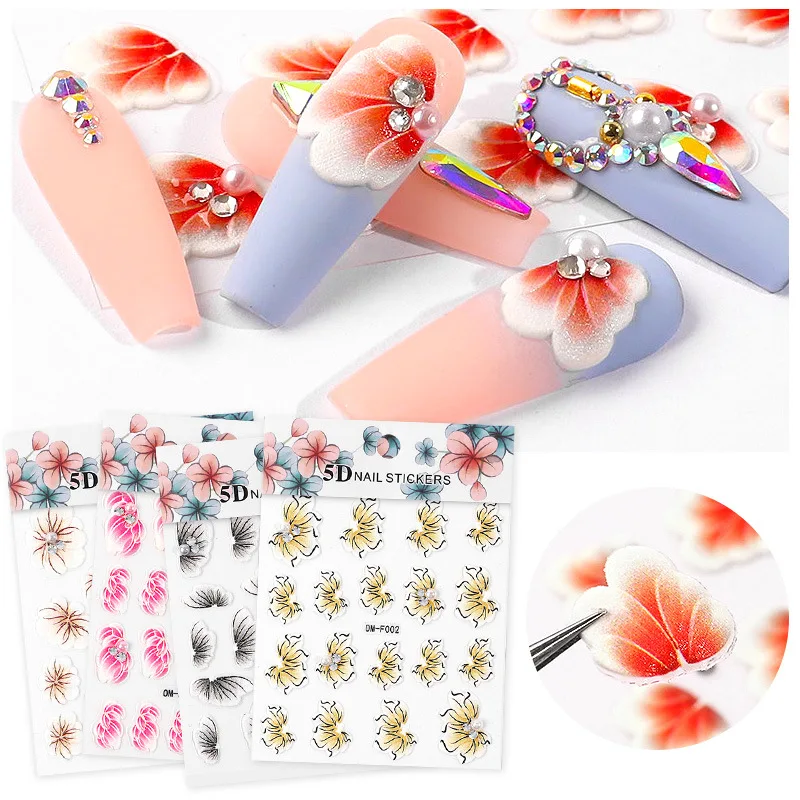 

5D Acrylic Nail Sticker Engraved Colorful Flower Sliders Embossed Fall Flowers Nail Art Design Manicure Decals Nail Art Decorati