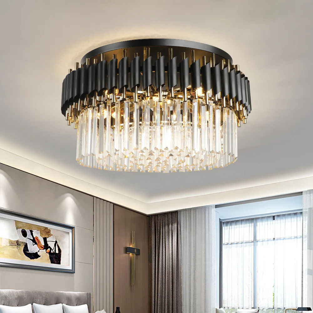 Candelabro de cristal para sala de estar, accesorio de luz de cristal negro moderno, lámpara de decoración redonda para dormitorio, iluminación led de interior