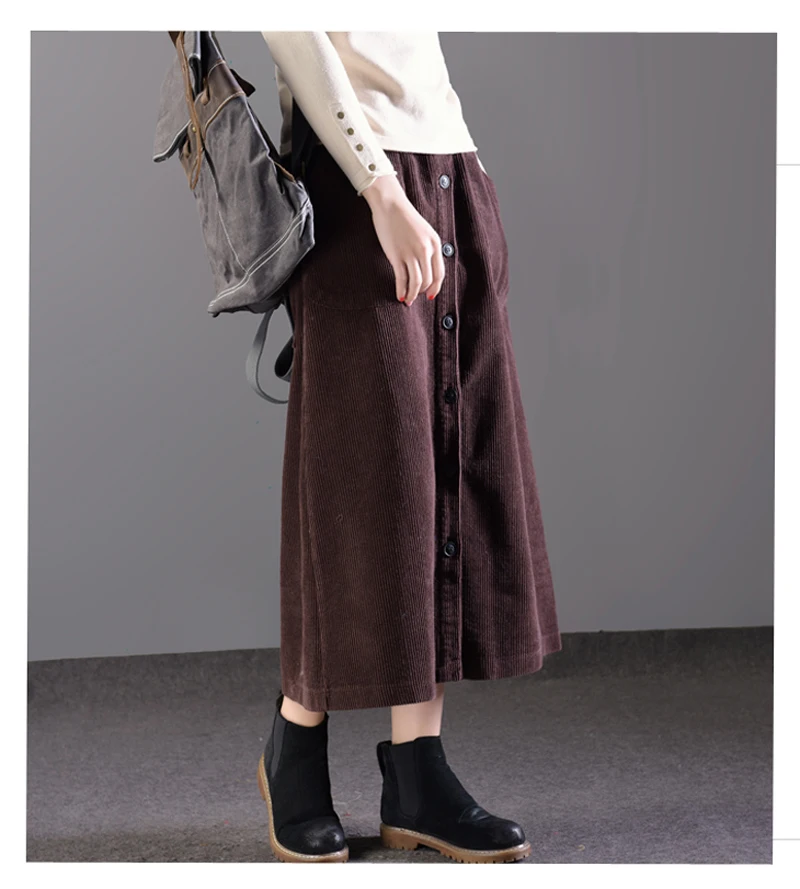 Lucyever Women Corduroy Long Skirt Autumn Winter Vintage Loose A-line Female High Waist Plus Size Thick Warm Ladies Faldas