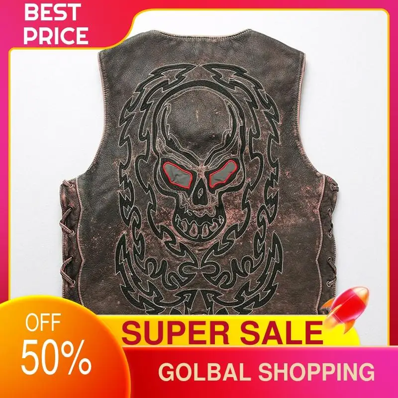 

2021 Vintage Brown Skulls Embroidery Motorcycle Style Genuine Leather Vest Men Plus Size 5XL Real Natural Cowhide Short Coat