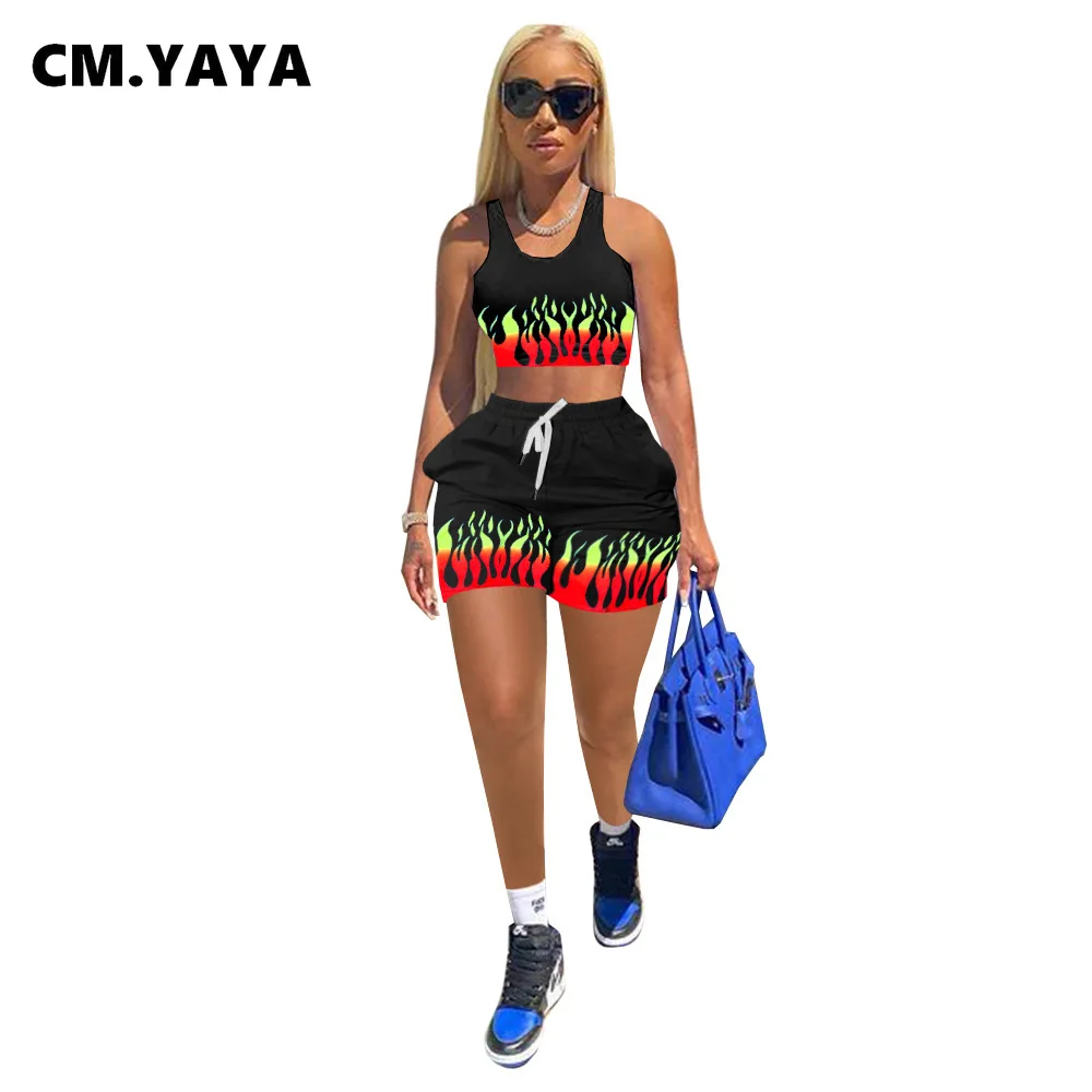 CM.YAYA Women Set Print O-neck Crop Tanks Tops Pockets Shorts Two 2 Piece Sets Active Tracksuit Casual Outfits Summer Sporty |