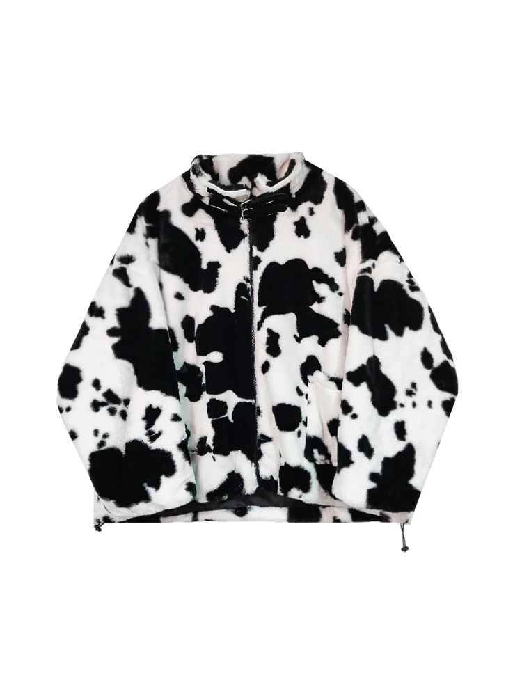 

DEAT 2020 Autumn And Winter Lamb Wool Coat Dairy Cow Print Plush Cotton Clothing Loose Fashion Concise Casual Style Keep Warm