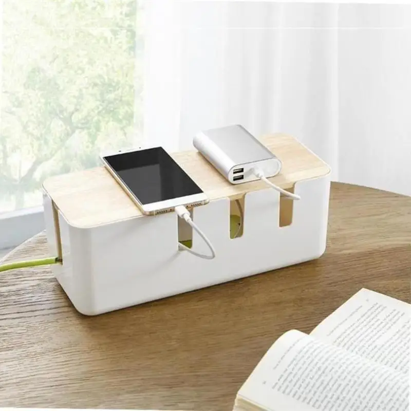 Белый ящик для хранения кабеля с деревянным покрытием креативный Настольный