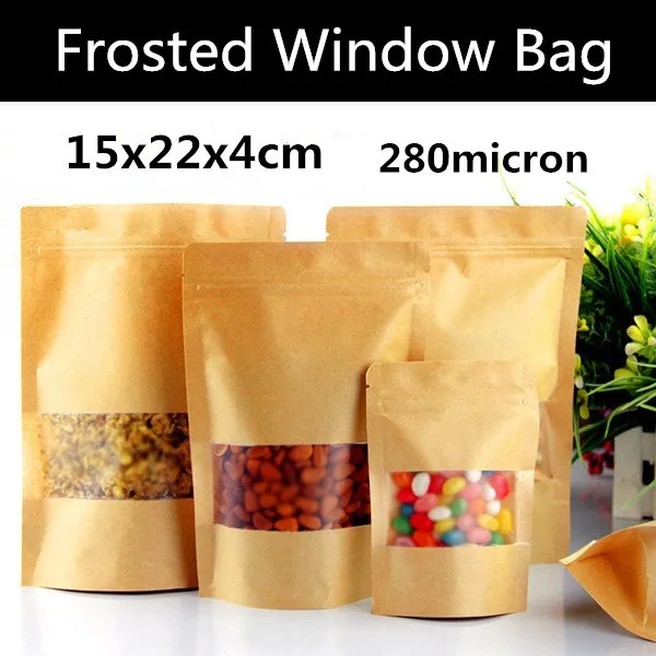 New 100pcs 16x26+4cm 280micron Kraft Paper Frosted Window Bag Food Packaging/Storage Bag Zip Bag