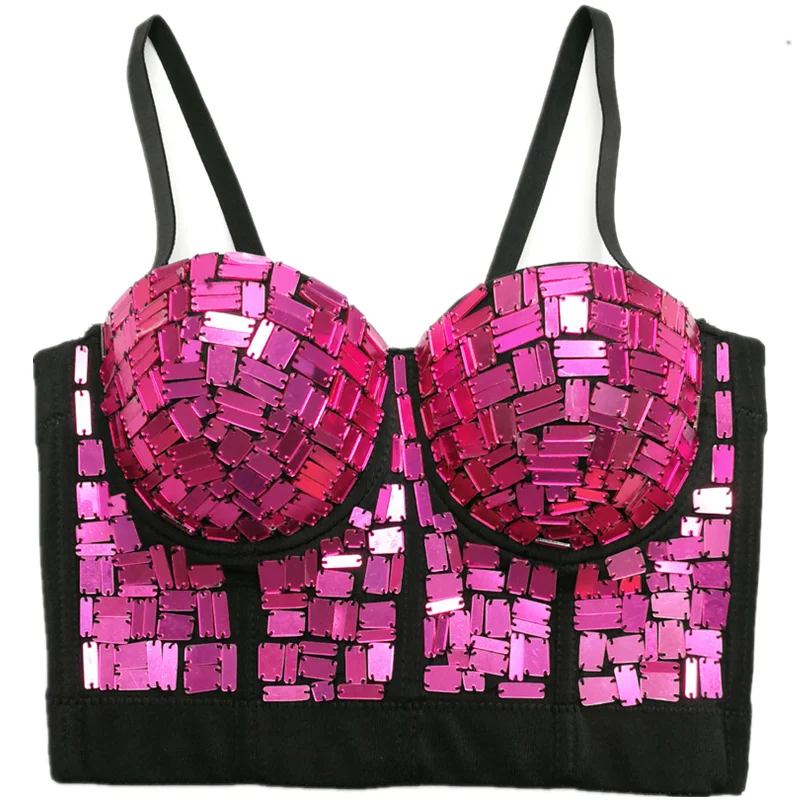 

Sequins Beading Camisole Women Sexy Push up Gathered Bra Underwear Crop Tops Tanks Corset Nightclub Party Halloween Rave Costume