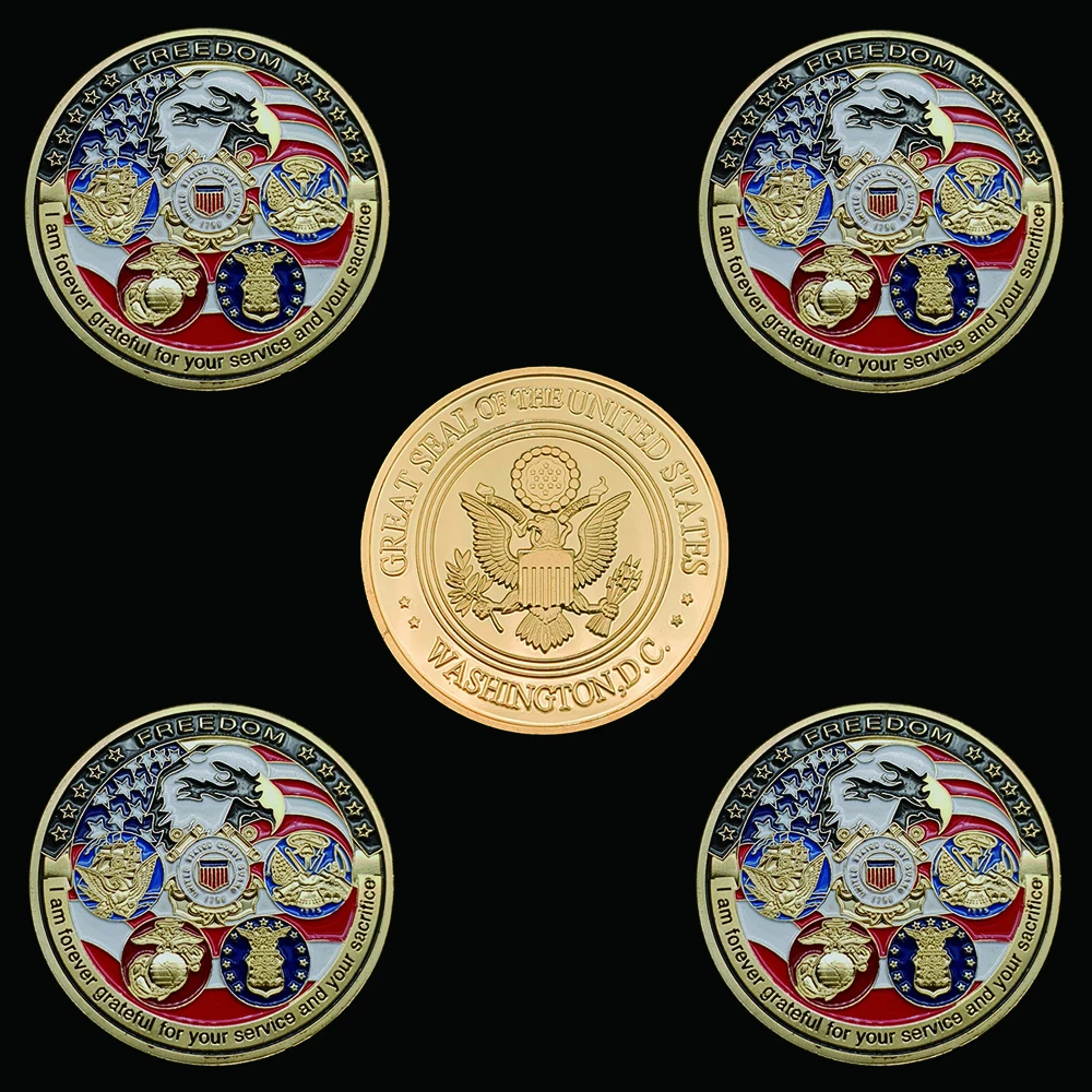 

5PCS USA Military Freedom Eagle Gold Commemorative Navy USAF USMC Army Coast Guard Rare Token Challenge Coin