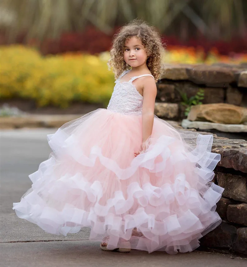 

Милые розовые платья для девочек с цветочным узором для свадьбы, со шнуровкой на спине, с оборками, многоярусные Юбки пышные Детские платья ...