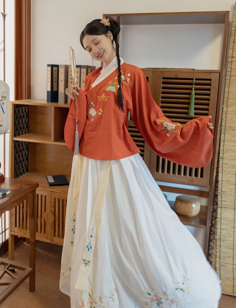 

Женское традиционное китайское платье с вышивкой Hanfu, пальто и юбка с рукавами-фонариками