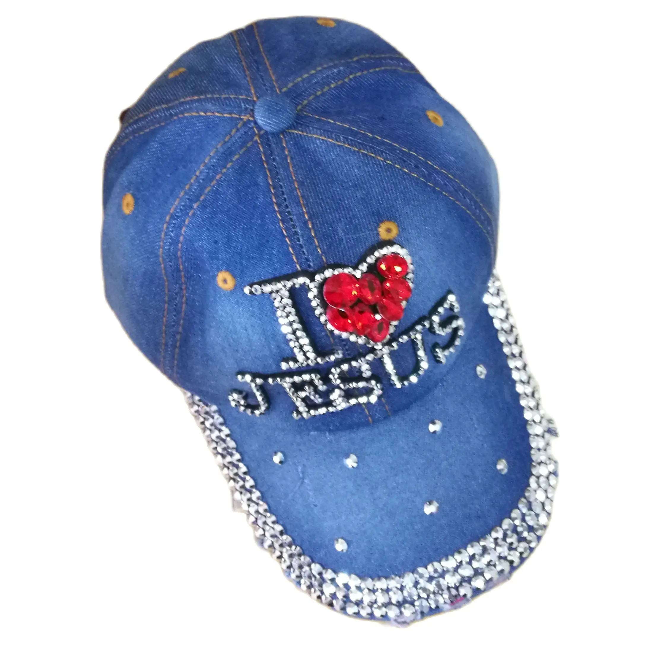 WJ7621  i love red heart Jesus Denim jeans cloth  Artificial stones bling bling Cotton  Baseball Caps