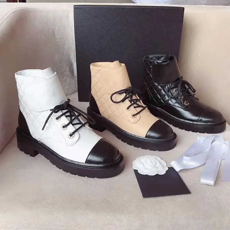 

Original Style Top Patent Calfskin Martin Boots Womens Plaid Tweed Platform Flat Ankle Boot Black White Leather Gingham Lace-up