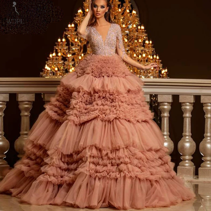 

Extra Puffy Tulle Prom Women Dresses 2020 Ruffled Tiered Ball Gown Evening Gown Party Dress Luxury Beading Vestidos Custom Made