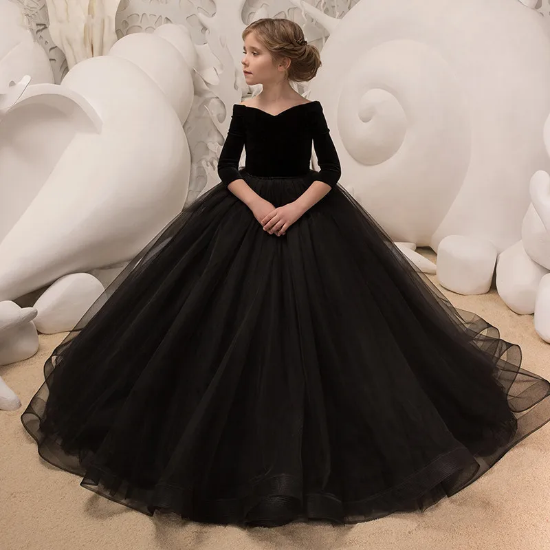 2022 New Kids Dresses Girl Elegant Long Prom Black Embroidery Tulle Gowns Children 8 Grade Graduation | Детская одежда и обувь