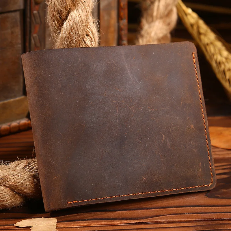 

Vintage Crazy Horse Leather Men 's Short Wallet Top Layer Leather Wallet Leather Casual Men 's Bag