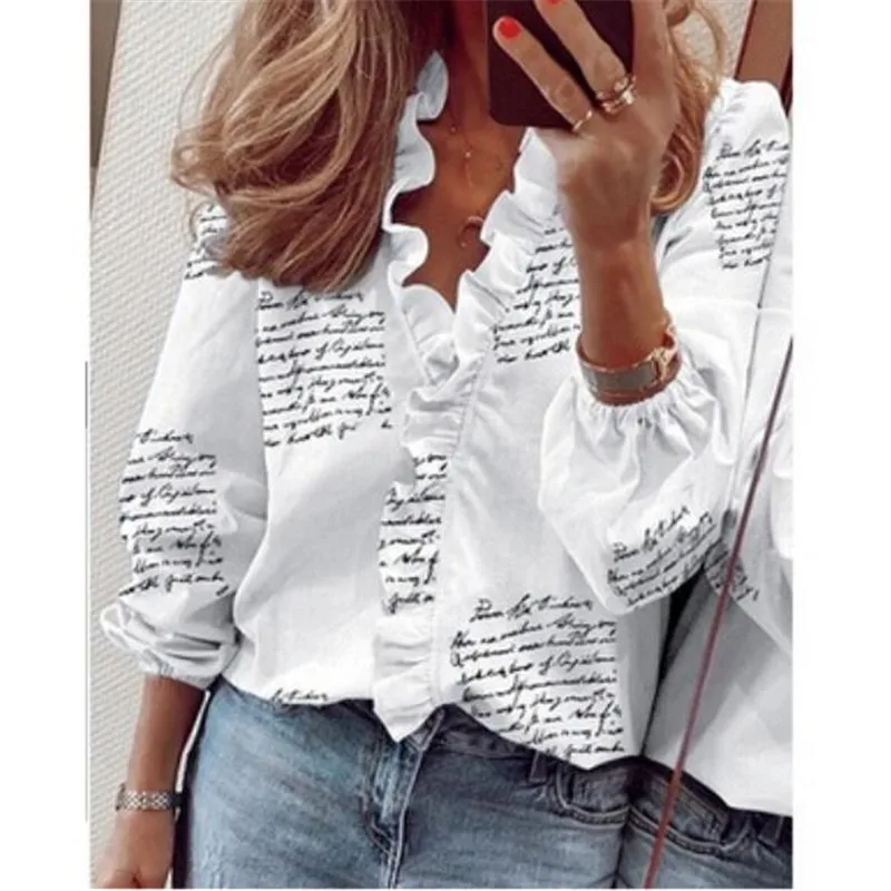 

Women Casual Ruffle Ruched Blouse Office Lady Boho V-Neck Letter Printed Shirt Summer Long Sleeve Streetwear Female Blusa Tops