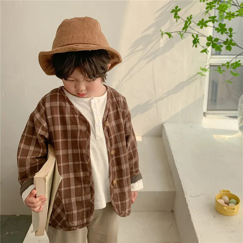 

Girls Boys Baby's Coat Jacket Outwear Brown Plaid Cotton linen Thicken Spring Autumn Warm Tracksuit Children's Clothing