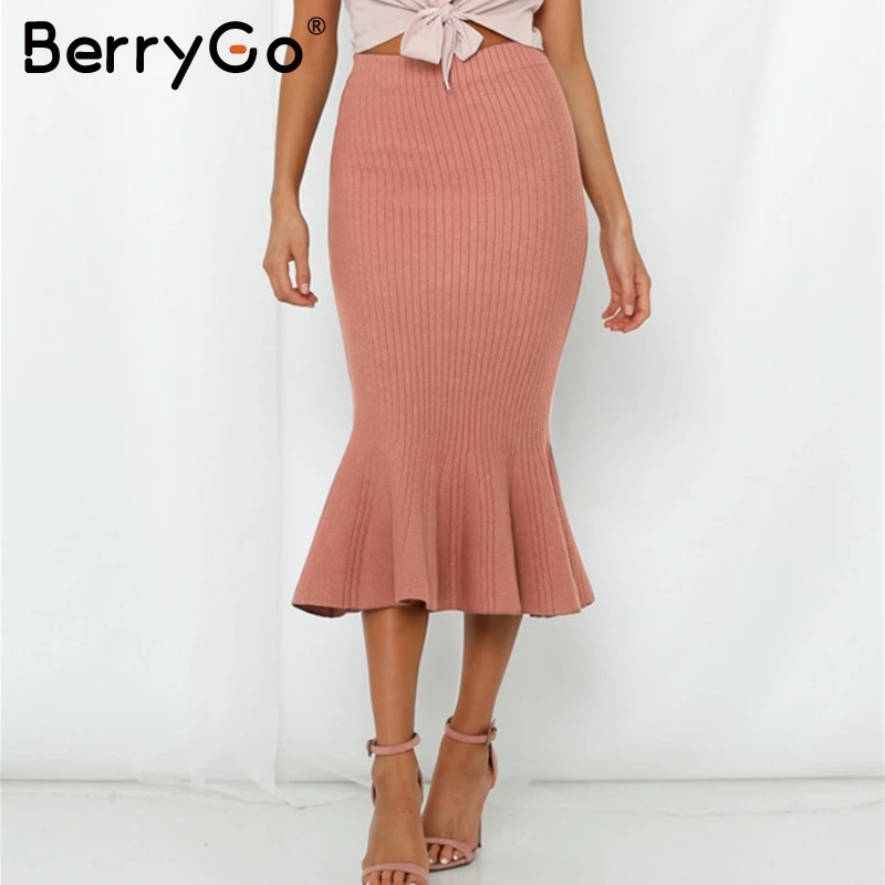 Женская трикотажная Юбка-миди BerryGo элегантная офисная юбка с оборками длинная