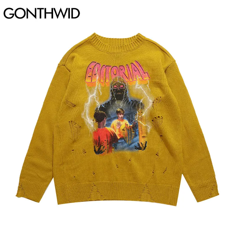 

Мужской трикотажный свитер GONTHWID, уличная одежда в стиле Харадзюку, джемперы в стиле хип-хоп с принтом дьявола и молнии, повседневные кофты с ...