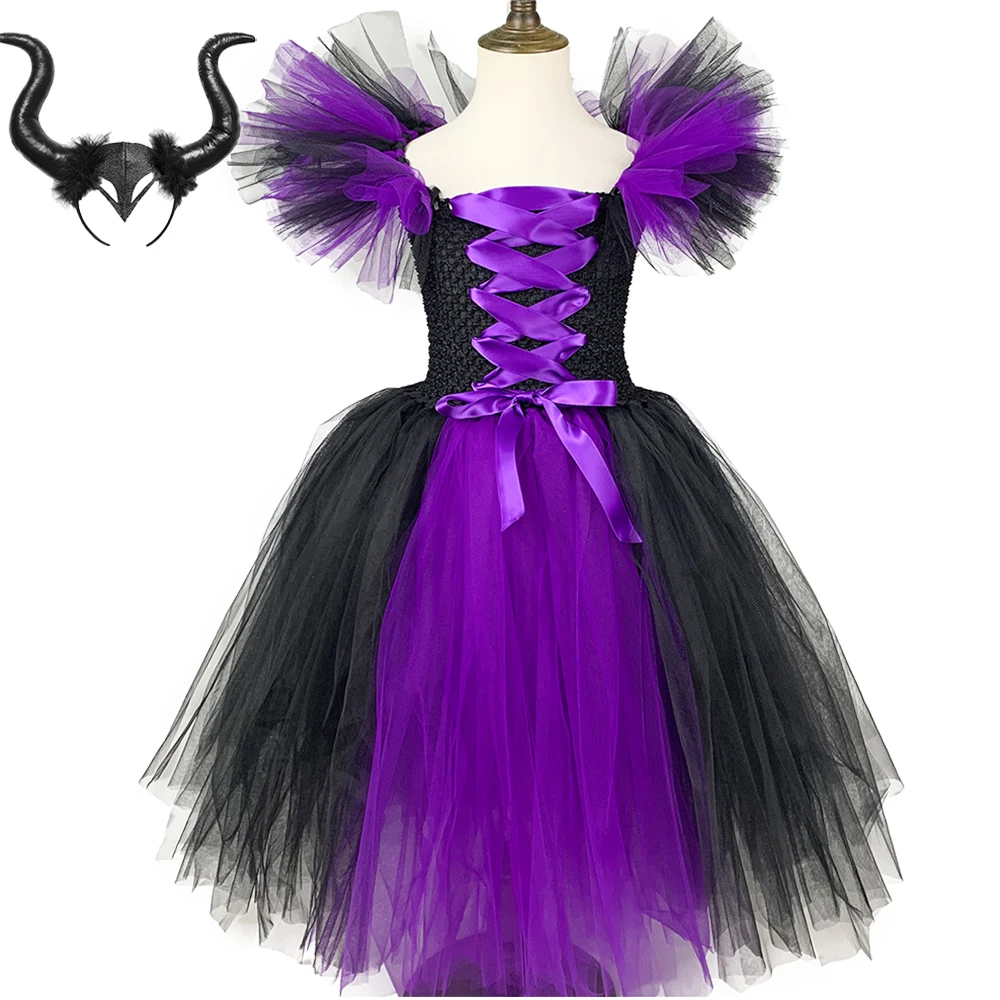 Purple Witch Costume Kid Girls Tutu Dress Ankle Length Halloween Devil Cosplay Clothes for Child Party Photo Prop Purim Gift |